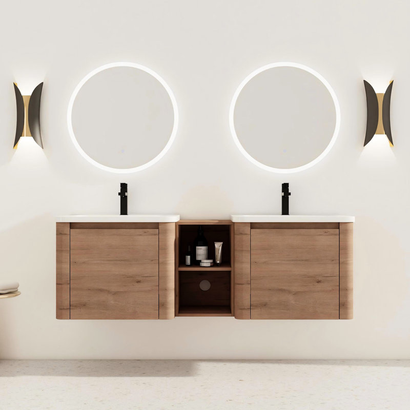 Meuble-lavabo mural, lavabo en céramique blanche, tablettes de rangement, porte à fermeture en douceur, structure en contreplaqué, aspect rustique facile à nettoyer, scénario à usages multiples