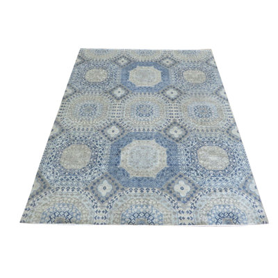Tapis décoratif en laine de conception unique Stef noué à la main bleu/gris 7 pi 9 po x 9 pi 10 po Stef
