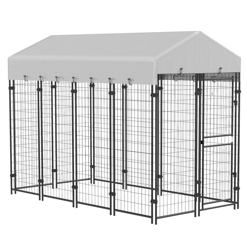 Grand chenil pour chiens recouvert pour l'extérieur, H 72 po x l 48 po x P 96 po, Gris / noir