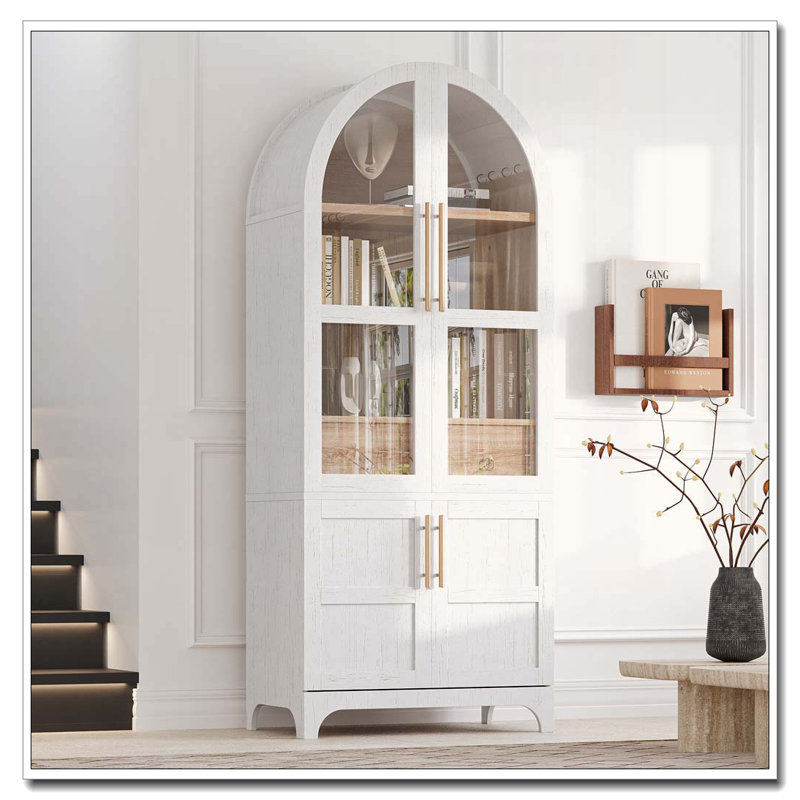 71″ Tall Arched Kitchen Pantry Cabinet with Door Shelves and Hidden Drawer, White