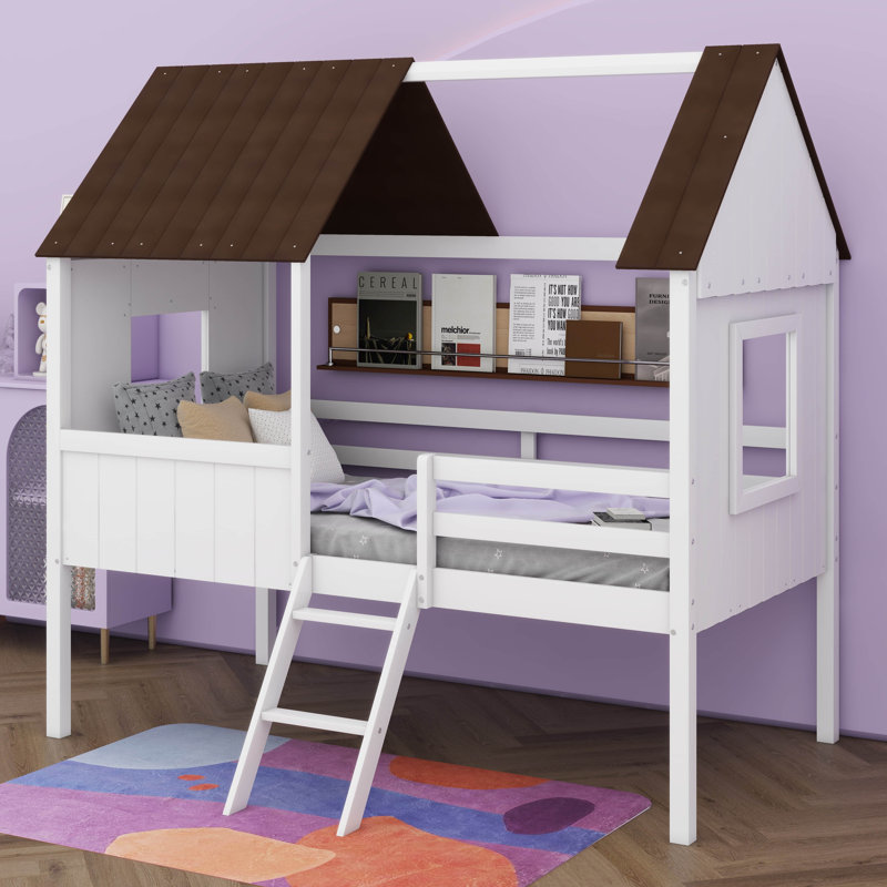 Lit simple mezzanine basse en bois avec deux fenêtres latérales, Blanc / Brun