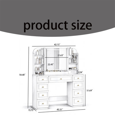 Dressing table, wooden dressing table with mirror and light - modern makeup dressing table with 9 drawers, storage rack, and cushioned stool - suitable for bedrooms, dormitories, or home beauty stations
