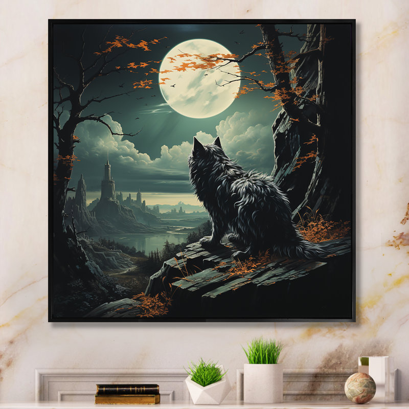 Loup hurlant à la lune III - art mural mode, Gold Picture Framed, 30" H x 30" W
