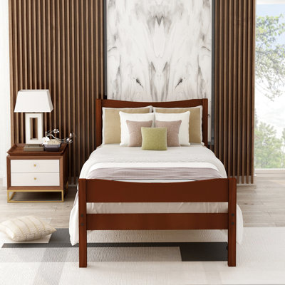 Walnut Wood Platform Bed With Headboard And Tenacious Slat Support For Twin Size Headboard, Color Steady Foundation