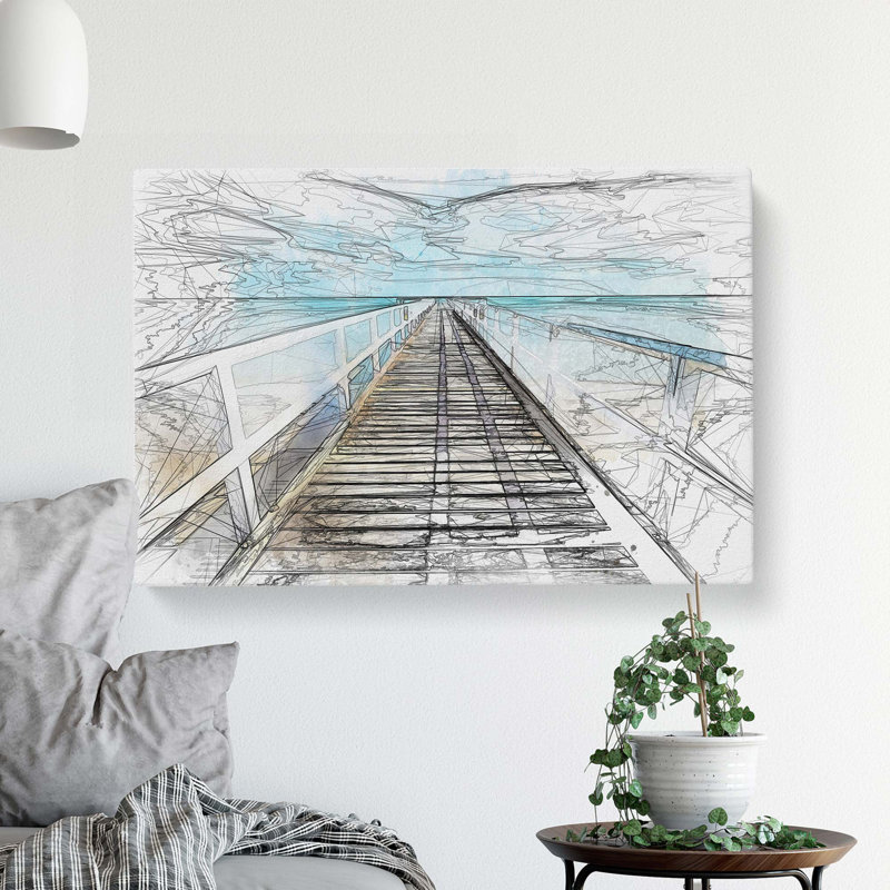 Pier Leading to the Ocean in Abstract - Wrapped Canvas Drawing - Wrapped Canvas, 60cm H x 91cm W x 3cm D