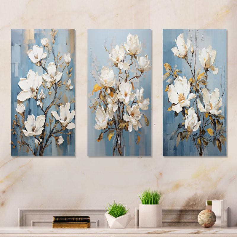 Ensemble de 3 élégantes sérigraphies magnolias blanches et bleues - magnolias, H 32 po x l 48 po, Floral II