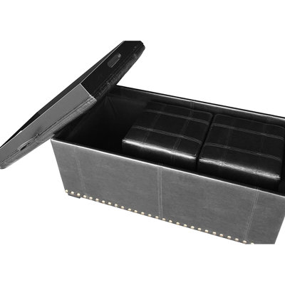 Black Leather Storage Bench With 2 Side Ottomans, Can Convert To Table, Suitable For Living Room, Nail Heads Appearance, 16" H X 39.68" W 40" D Bench, 13" 13.5" Ottomans Convertible Design,