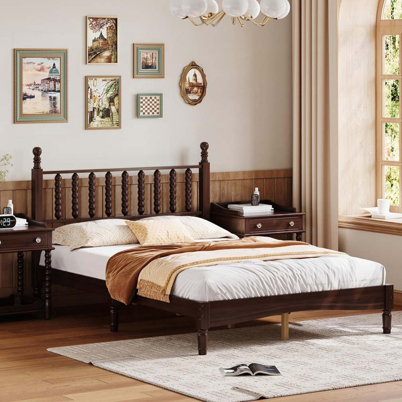 Lit plateforme en bois avec tête de lit en forme de gourde, Walnut, Double