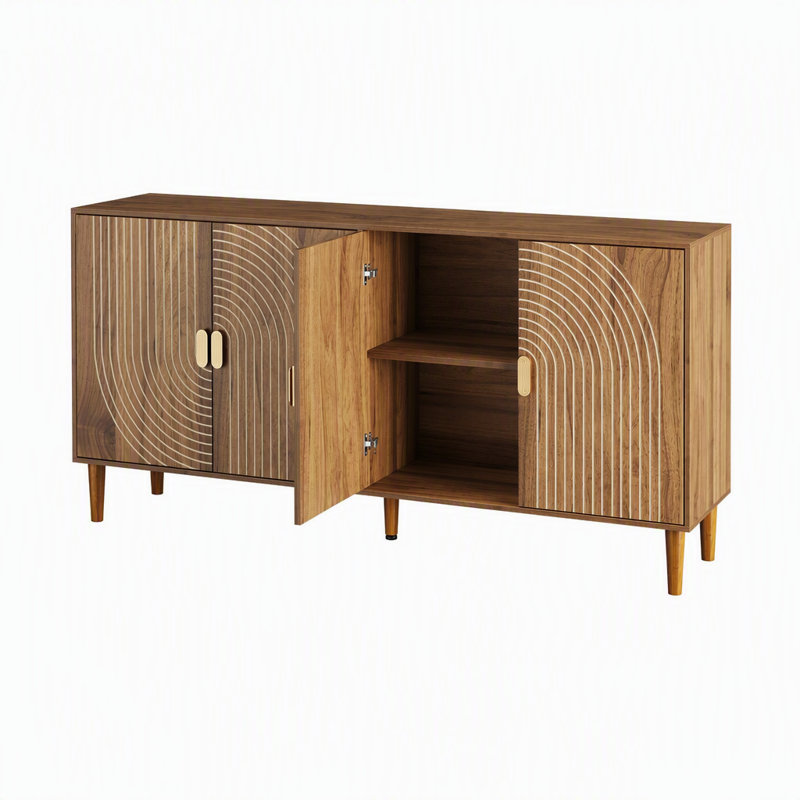 Buffet multifonctionnel à 4 portes avec détails rainurés verticaux, idéal pour la salle à manger, le salon, l'entrée ou la cuisine.