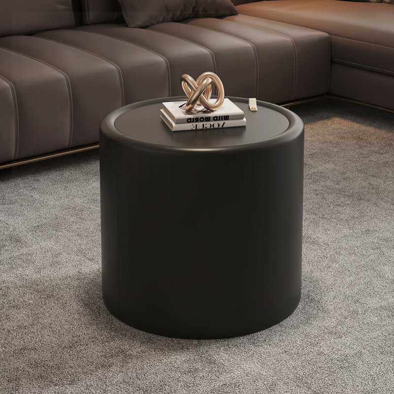 Table basse ronde avec plateau en verre trempé, structure en similicuir et rangement caché pour le salon, table d'appoint moderne