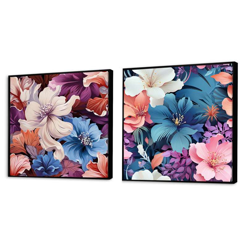 Bellefonte - Ensemble de 2 collages floraux carrés, Cadre flottant noir, H 16 po x l 33 po