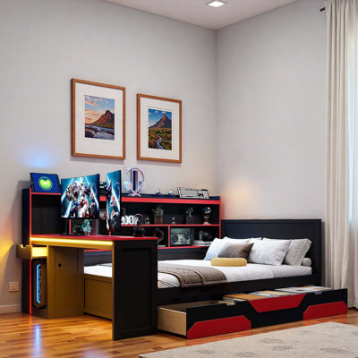 Modern Gaming Daybed With Integrated Desk, Light Strips, Built-in Charging Station, 3 Storage Drawers And Storage Shelves