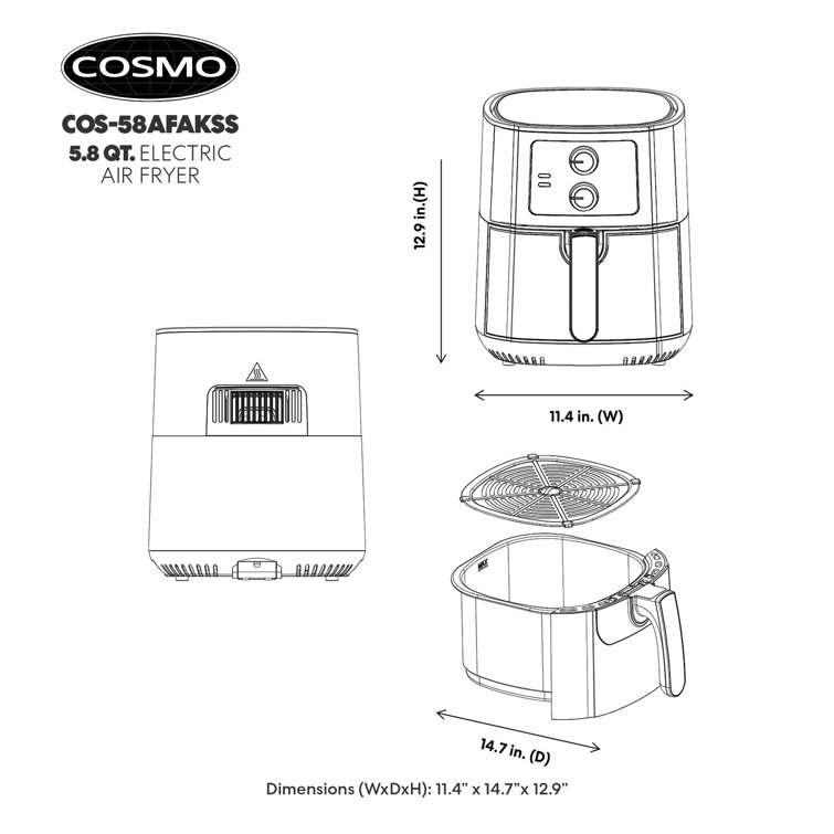 Cosmo 2.3 Quart Electric Air Fryer with Temperature Control, Timer, Auto Shut-Off, Non-Stick Tray, 1000W, Black