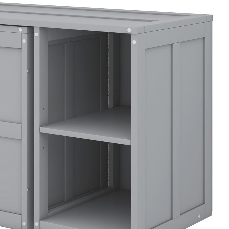 Structure de lit escamotable à conception compacte avec tablettes de rangement et bureau rotatif, Gris