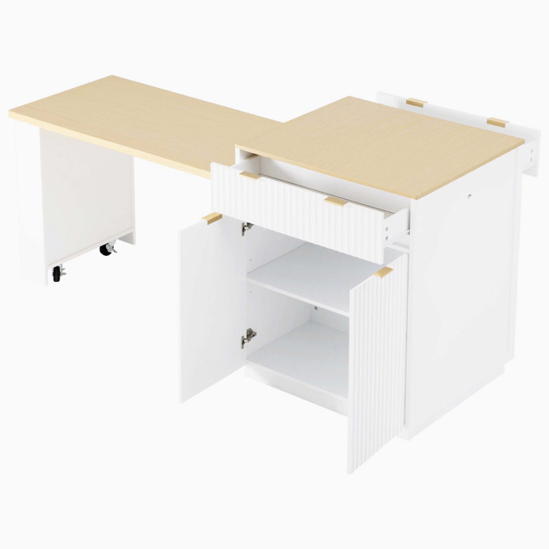 Fluted Panel Wheeled Kitchen Island Station with Expandable Dining Countertop Suitable for Multiple Diners, Built-In Power Outlet and Double-Sided Storage Layout, Two Drawers plus Open Side Shelving Compartments