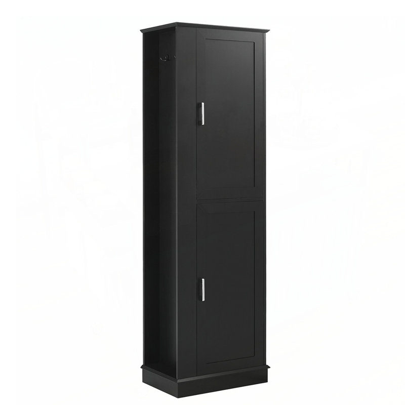 Grande armoire de rangement autoportante pour salle de bain avec tablettes réglables, crochets et dispositif anti-débordement, fabrication en panneau de fibres à densité moyenne