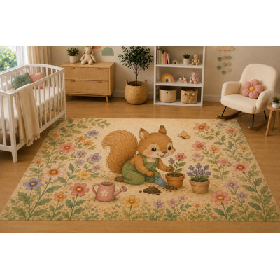 "Ultra Thin" 5' x 7'Baby Squirrel Gardening Area Rug for Nursery, Soft Low Pile Indoor Rug with Non-Slip Silicone Backing, Kids Room, Playroom, Kids & Pets, Beige Green