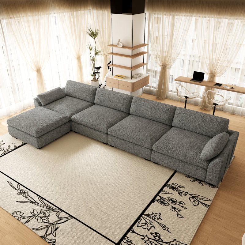 Canapé 4 places imperméable en chenille avec pouf amovible, Light Gray Chenille