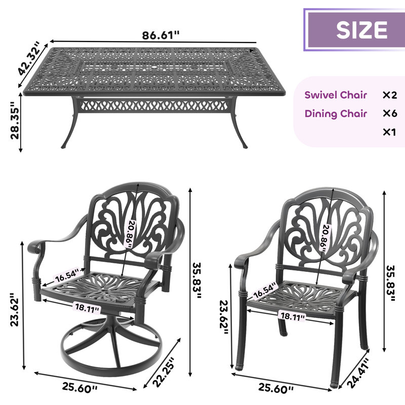 8-Person Rectangular Cast Aluminum Patio Dining Set with 2 Swivel Chairs & Cushions & Umbrella Hole