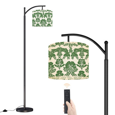 Arc Floor Lamp with Adjustable Lampshade Green Floral Damask Leaves Blooms vintage Standing Lamp 3 Color Temperatures Dimmable Tall Pole Lamp with Foot Switch for Bedroom