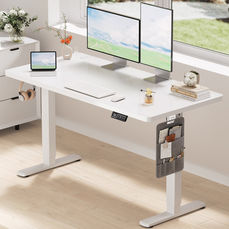 Height Adjustable Rectangular Standing Desk, White, White, 118cm H x 140cm W 60cm D