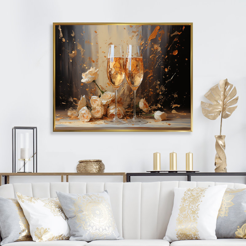 Bulles florales dorées et champagne - Art mural champagne, Cadre flottant doré, H 30 po x l 40 po x P 1,5 po