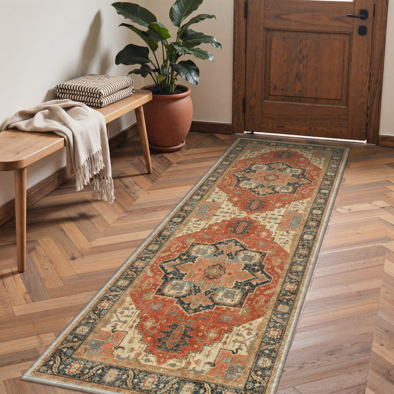 Alhambra Vintage Floral Machine Washable erracotta / Charcoal / Beige Indoor Area Rug with Non-Slip Backing, Runner 2'3" x 6'
