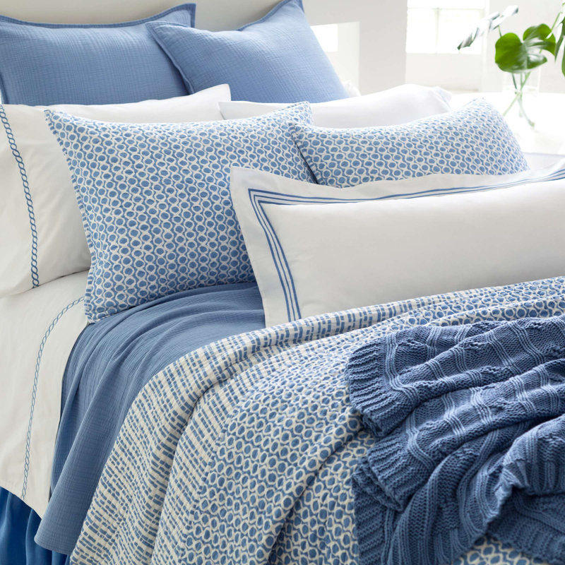 Reversible French Blue Cotton Full Quilt with Geometric Shapes