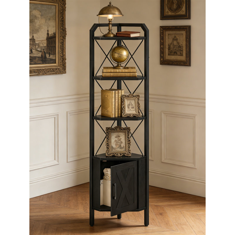 62-Inch Tall 4-Tier Corner Bookshelf With Cabinet, X-Shaped & Diamond Design For Living Room Storage, Black