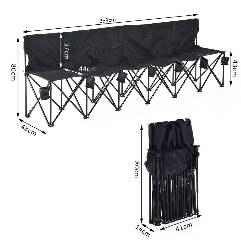 Folding Camping Chair with Cup Holder & Carry Bag 259*48*80 cm Metal 1 Piece 6-Seater Folding Bench Black 6-Seater & with Cup Holder & Foldable & with Carry Bag