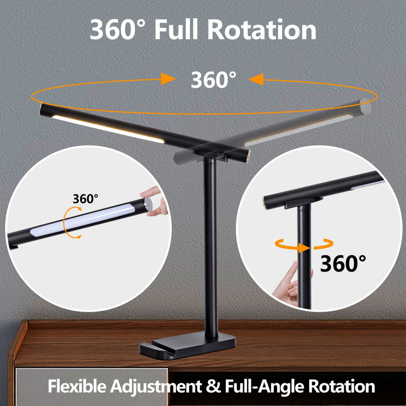 Lampe de bureau à DEL réglable à 360 ° avec port de charge USB, 5 modes d'éclairage et luminosité à intensité variable, lampe de chevet pliable à commande tactile pour la lecture de travaux manuels, noir