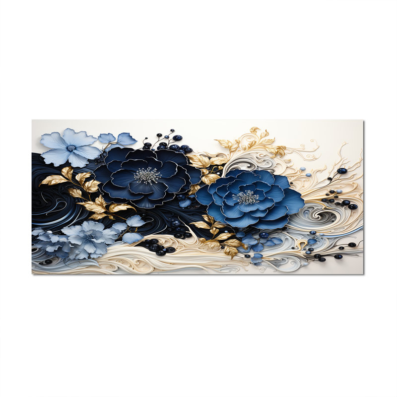 Encre bleue bleue WildFloers, encre liquide I - fleurs modernes, Sans cadre, H 28 po x l 60 po, Wrapped Canvas