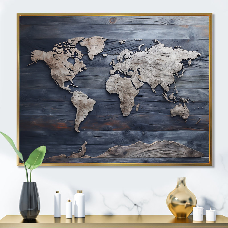 Carte du monde rustique - impression de décoration murale carte du monde, H 34 po x l 44 po x P 1,5 po, Cadre flottant doré