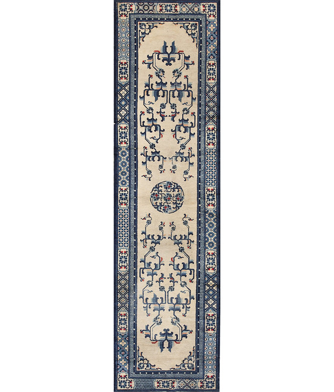 Floral Medallion Hand Knotted Pile Wool Ivory Beige Cream White Rectangle Antique 1900s Rug