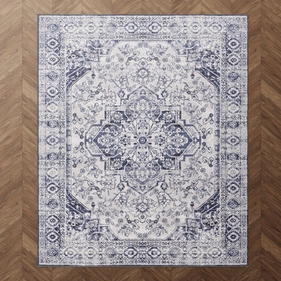 Zehorit Machine Washable Vintage Area Rug in Blue/Beige/White for Living Room, Hallway Runner, Entryway Rug