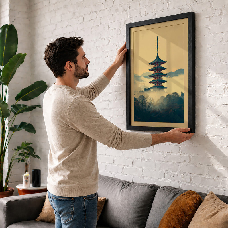 Pagoda in Mist Japandi - Framed Print, Unframed, A2 - 59.4 x 42.0 cm