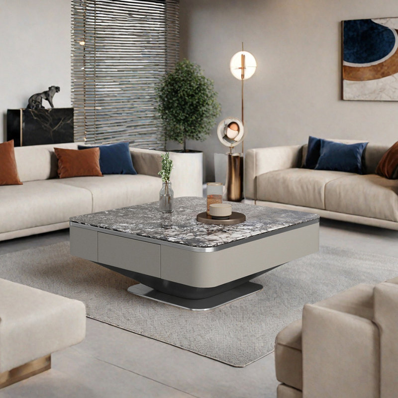 Table basse Italian, Gris foncé, Noir / blanc, H 15,4 po x L 35,4 po x l 35,4 po