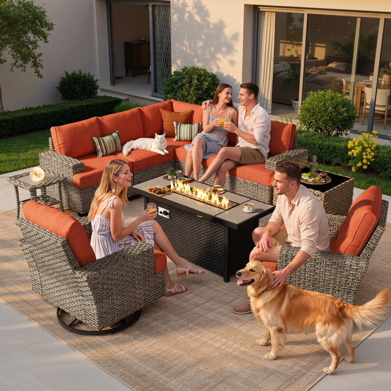 Dzion Outdoor Wicker 7 Person Seating Group With Cushions, Orange, Yes