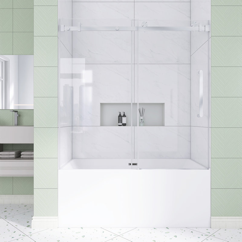 56-60 In. W × 60 In. H Frameless Single Sliding Shower Door With 1/4" Clear Tempered Glass In Brushed Nickel |  Explosion Proof Film |  Stainless Steel Handle | Square Tube Track