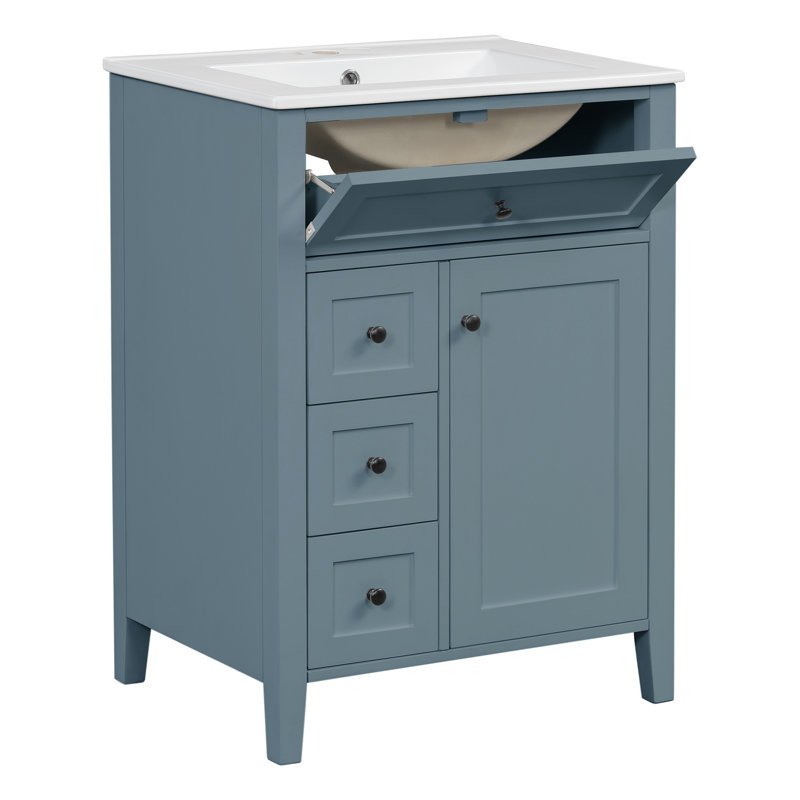 Meuble-lavabo de 61 cm (24 po) avec lavabo, 3 tiroirs et armoire à étagères réglables, gris-bleu, Grey Blue