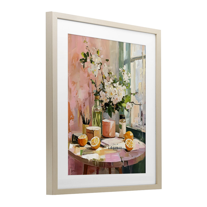 Table de petit-déjeuner agrume, reproduction encadrée sous verre, design par LSR Creative Studio, Cadre de récolte en pin