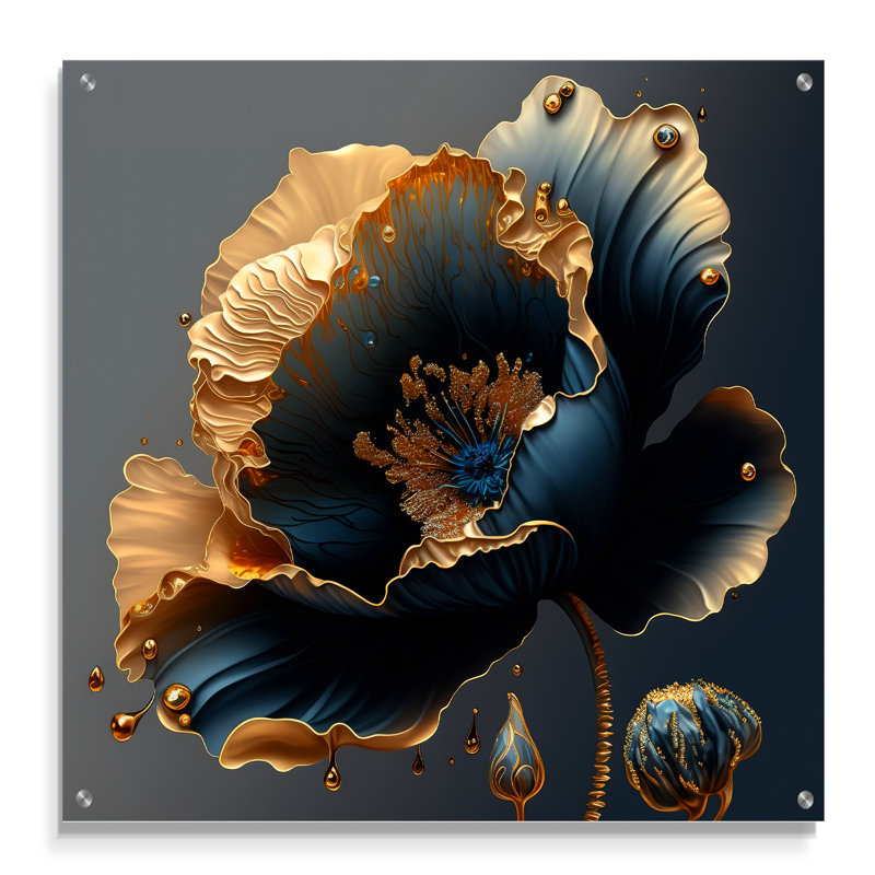 Art mural acrylique floral pour salon bleu profond et doré IV, H 36 po x l 36 po