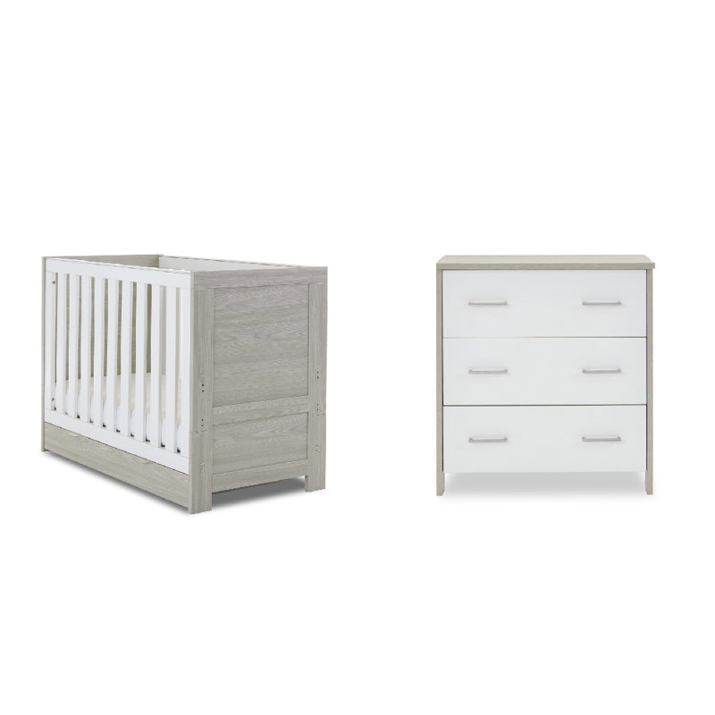 Nika Mini Cot Bed 2 Piece Nursery Furniture Set & Under Drawer, Grey Wash/White