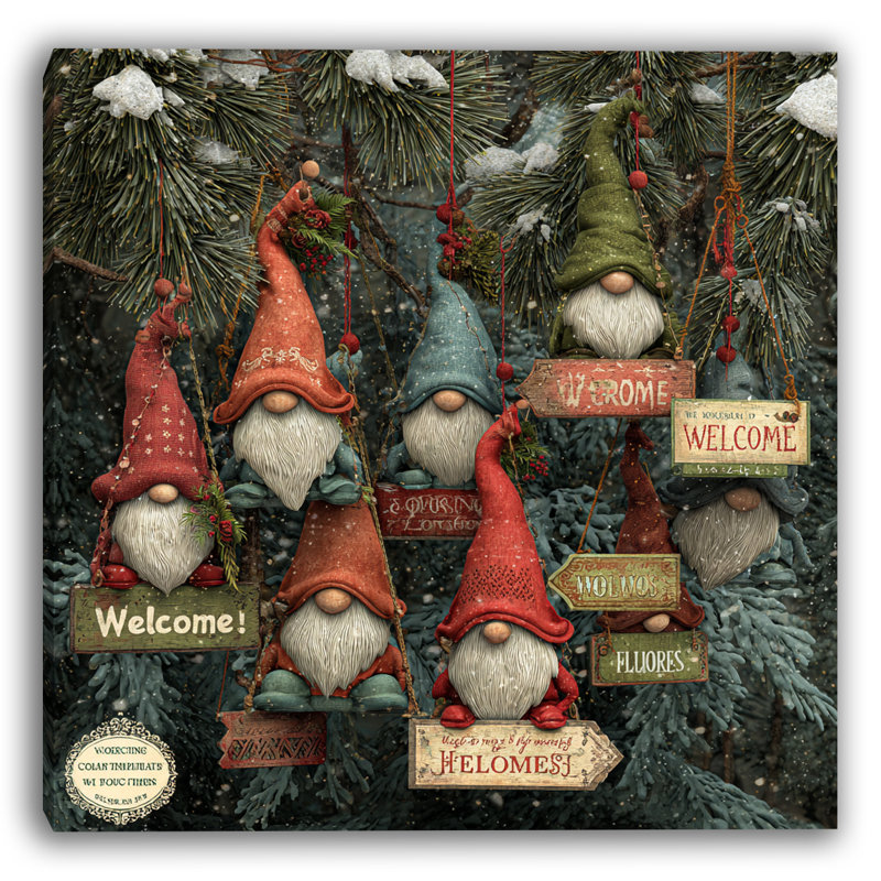 «Rustic Hanging Gnomes Welcome Signs», art mural sur toile tendue, H 20 po x l 20 po