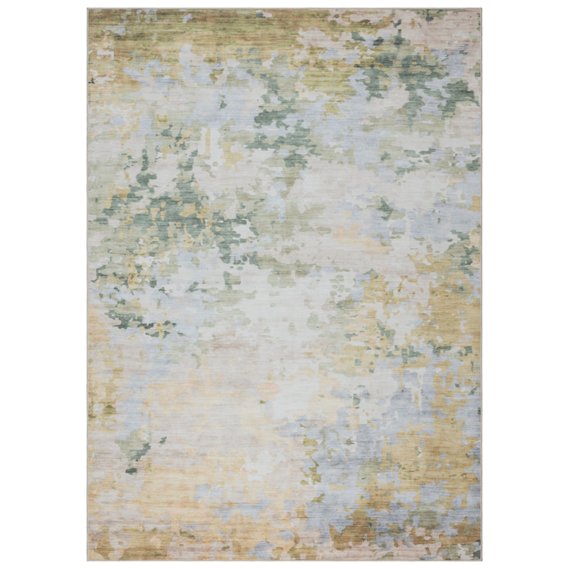 Rayna Kaori Green Beige Ivory Machine Washable Modern Abstract Industrial Indoor Area Rug, Flat Pile for Living Room & Bedroom - Green, 6x9