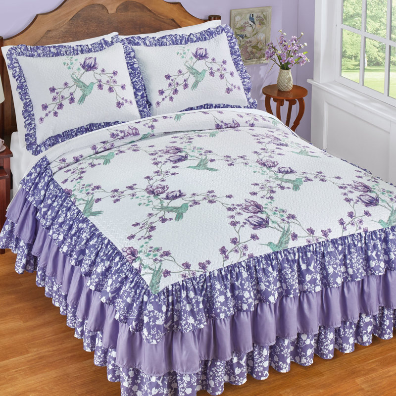 Hannah Floral Trellis Hummingbird Triple Ruffle Bedspread, Queen Bedspread