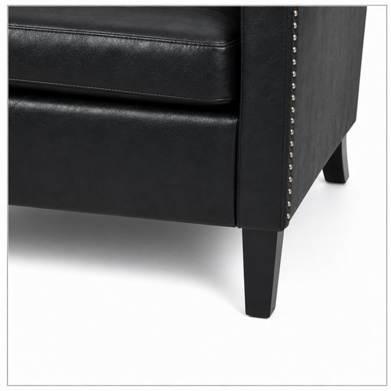 Fauteuil d'appoint en similicuir capitonné noir Mid-Century avec garniture cloutée et pieds en bois massif, Noir