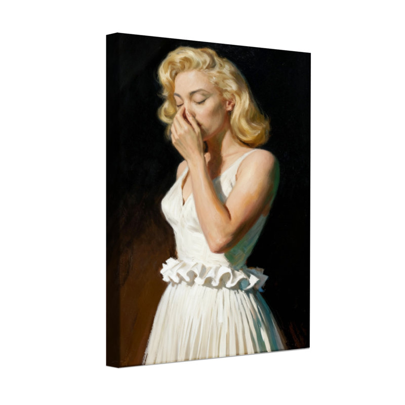 Abstrait femme blonde en robe blanche couvrant la bouche, H 36 po x l 24 po