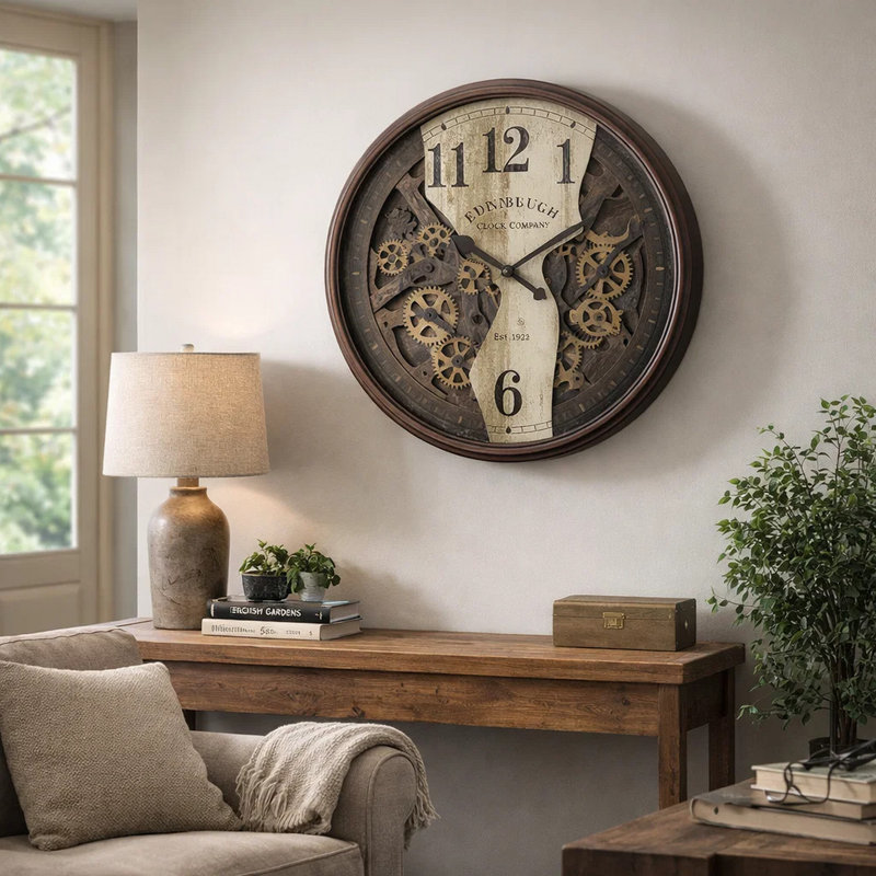 Clocks, 30" Round, Wall Clock, Gear Mechanism, Brown, Transitional