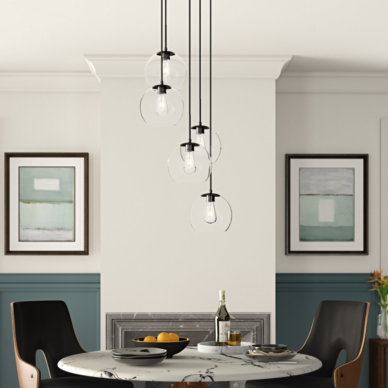 Luminaire suspendu sphérique en grappe 5 lumières avec accents en verre Snead, Noir, Transparent
